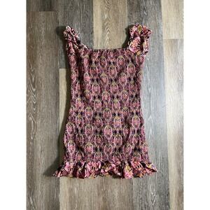 Forever 21 Pink Paisley Smocked Bodycon Mini Dress Ruffle Cap Sleeve Large
